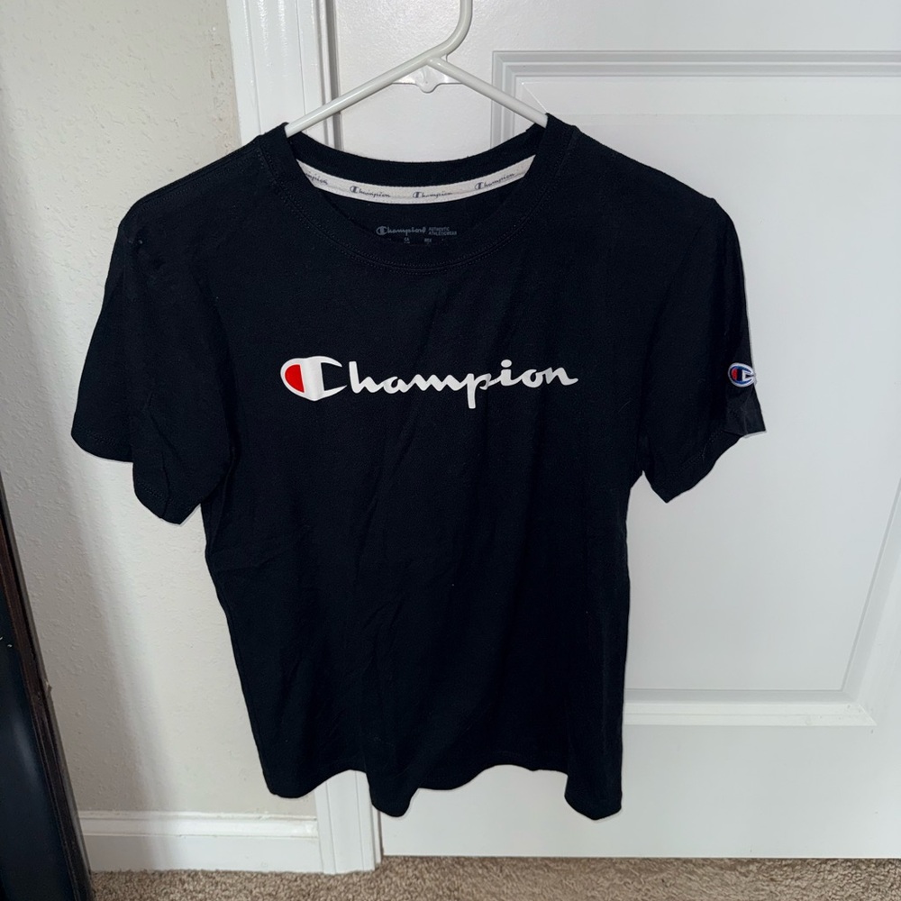 Champion Black Crewneck Tee with Subtle White Logo Print